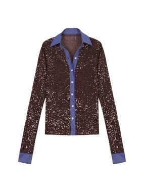NWT Hand Over Charles Blouse in Brown Sequin Blue White Stripe Crop Button Down